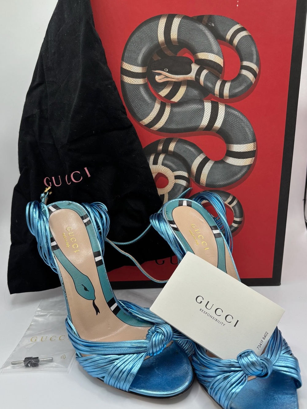 Gucci Allie Metallic Knotted Aqua Blue Ankle Strap Heels - Picture 2 of 7
